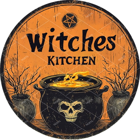 Noete 12x12 Inch Round Witches Kitchen Metal Tin Sign, Spooky Halloween Wall Decor for Kitchen, Dining Room & Haunted Home