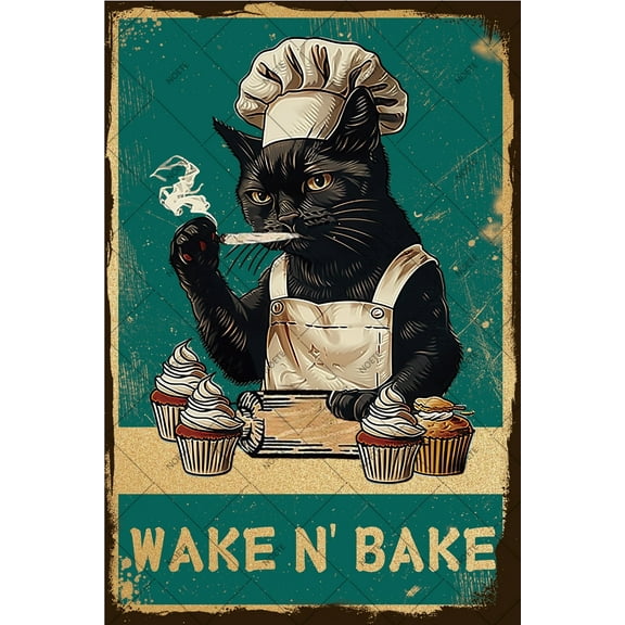 Noete 12x16 Inch Funny Cat Metal Sign Vintage Make A Bake Black Cat Poster for Kitchen, Bar, Man Cave & Home Decor