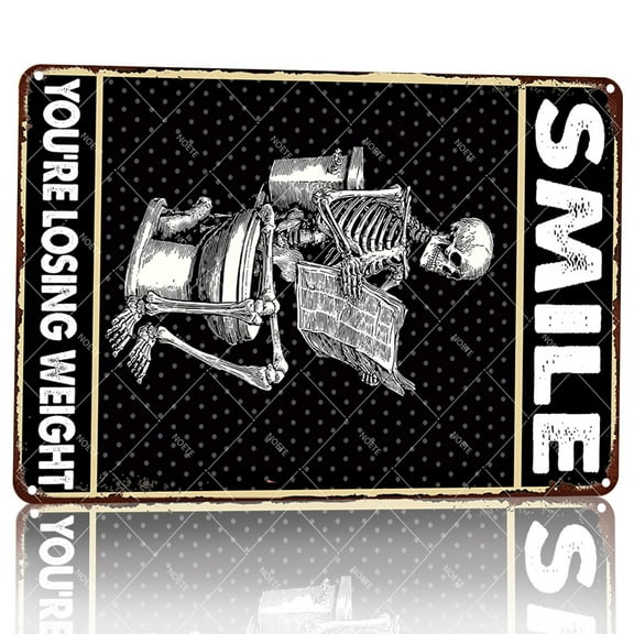 Noete 12x16 Inch Funny Skeleton Skull Reading Newspaper Metal Tin Sign - "You're Losing Weight" Humorous Wall Decor for Bathroom, Gym & Home, Vintage Gothic Metal Art Sign