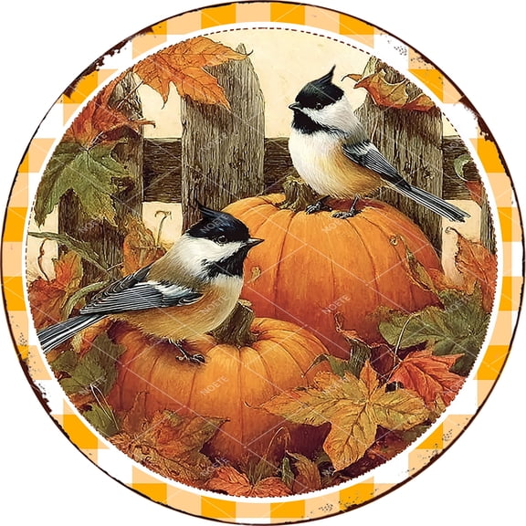 Noete 12x12 Inch Round Bird & Pumpkin Wreath Metal Tin Sign, Fall Thanksgiving Wall Decor for Front Porch, Living Room & Entryway