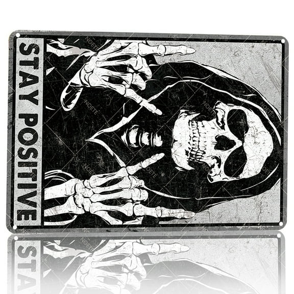 Noete 12x16 Inch Stay Positive Skull Metal Tin Sign, Motivational Gothic Wall Decor for Office, Home & Classroom, Vintage Inspirational Metal Sign Decoration