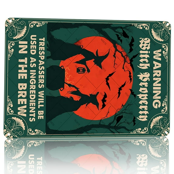 Noete 12x16 Inch Warning Witch Property Metal Tin Sign, Gothic Humorous Wall Decor for Halloween Party, Garden Yard & Home, Vintage Style Metal Sign Decoration