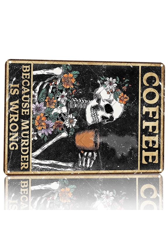 8x12 Inch Coffee Skull Metal Tin Sign - Retro Flower & Horror Art Wall Decor for Kitchen, Cafe, Home Office, Vintage Gothic Metal Sign Decoration