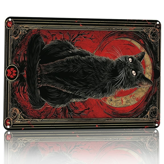 Noete 8x12 Inch Gothic Black Cat and Moon Metal Tin Sign, Vintage Witchy Wall Decor for Home, Halloween, Mystic Theme Room - Unique Metal Art for Bar, Cafe & Office Decoration