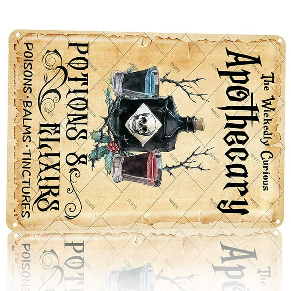 Noete 8x12 Inch Halloween Apothecary Metal Tin Sign - Potions & Elixirs Spells Sign, Vintage Witchcraft Wall Decor for Haunted House, Party & Gothic Home Decor