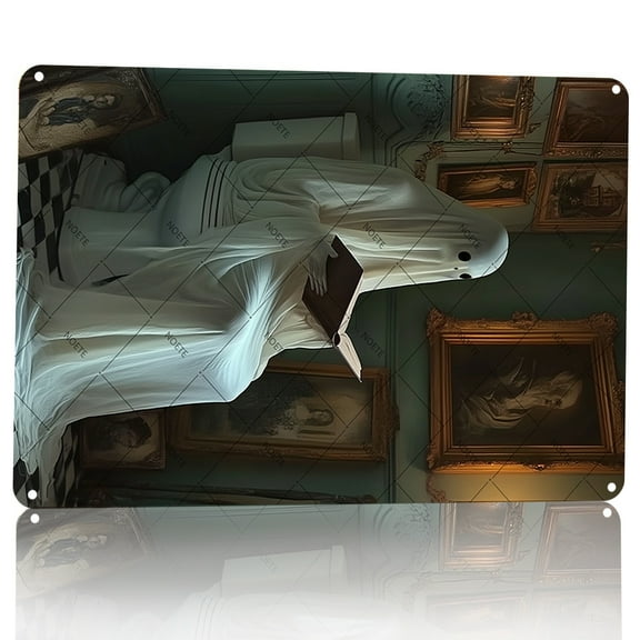 Noete 8x12 Inch Halloween Metal Tin Sign - Gothic Spooky Ghost on Toilet, Funny Bathroom Wall Decor for Halloween Party, Home & Restroom, Unique Humorous Gift Idea
