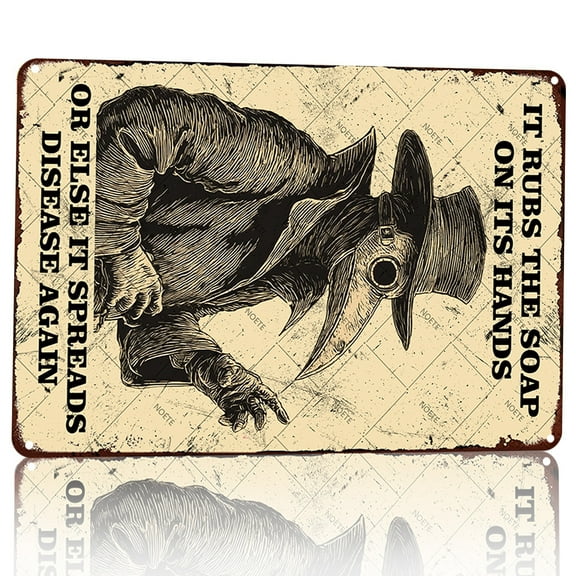 Noete 8x12 Inch Plague Doctor Metal Tin Sign - Wash Your Hands Vintage Gothic Wall Decor for Bathroom, Hospital & Halloween, Humorous Medical Metal Sign Decoration