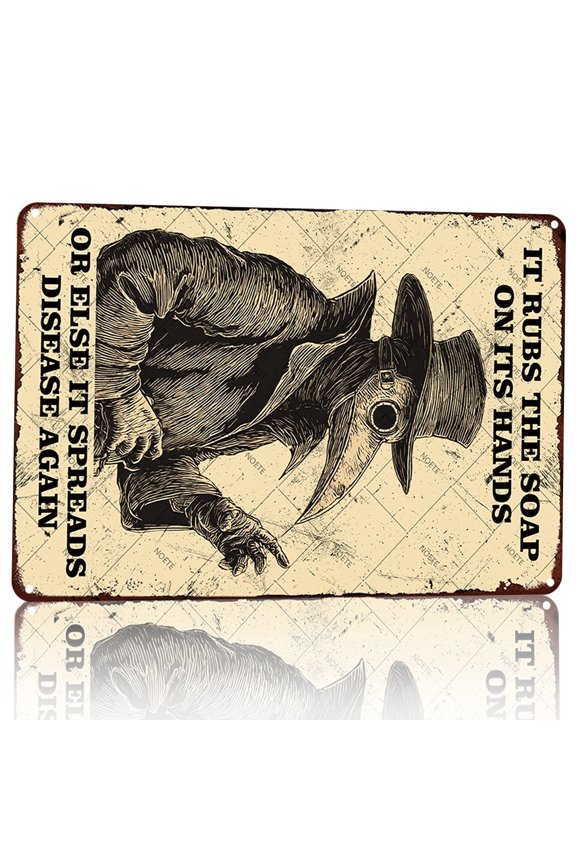 8x12 Inch Plague Doctor Metal Tin Sign - Wash Your Hands Vintage Gothic Wall Decor for Bathroom, Hospital & Halloween, Humorous Medical Metal Sign Decoration