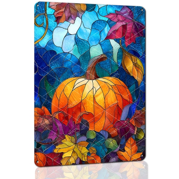 Noete 8x12 Inch Stained Glass Style Pumpkin Metal Tin Sign, Fall Autumn Harvest Thanksgiving Wall Decor for Home, Dining Room & Thanksgiving Party