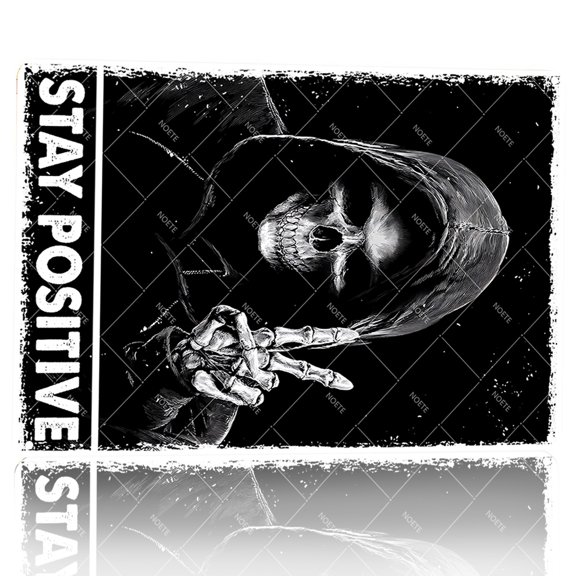 Noete 8x12 Inch Stay Positive Skull Metal Tin Sign, Motivational Gothic Wall Decor for Office, Home Studio & Gaming Room, Vintage Style Metal Art Sign Decoration