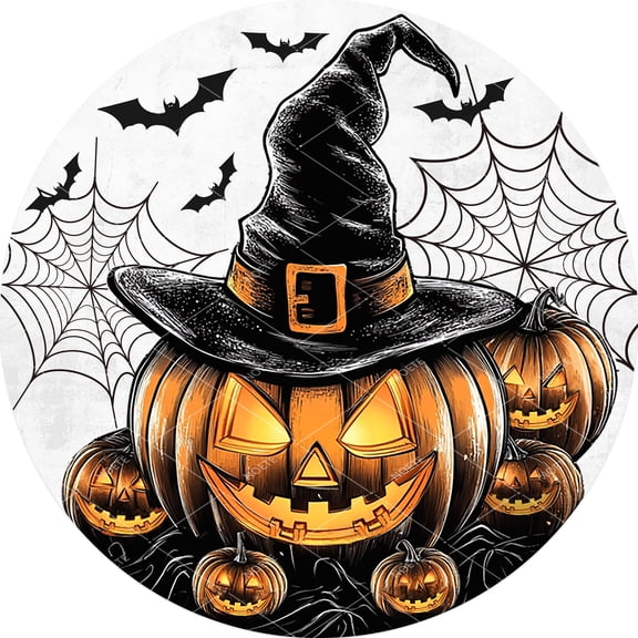 Noete 8x8 Inch Round Cute Pumpkins Wreath Metal Tin Sign, Halloween Wall Decor for Front Door, Porch & Spooky Home Decor