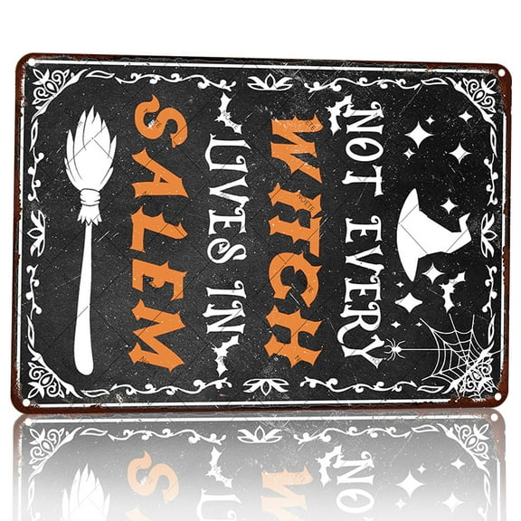 Noete 8x12 Inch Witch Themed Metal Tin Sign - "Not Every Witch Lives In Salem" Vintage Wall Decor for Home, Wiccan Altar & Halloween, Gothic Style Metal Sign Decoration