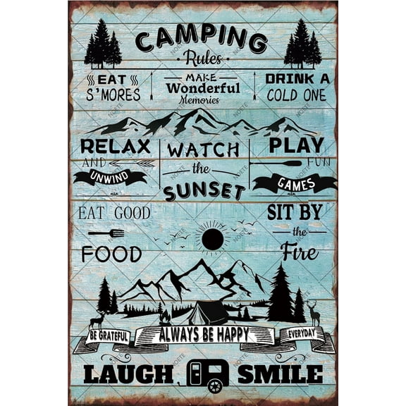 Noete 8x12 inch Camping Rules Metal Sign Perfect for RV, Camper & Outdoor Camping Decor, Durable Wall Art for Cabin, Patio or Backyard