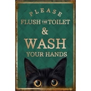 Noete Black Cat Metal Tin Signs 8x12 Inch, Vintage Funny Please Flush Toilet Wash Your Hands Wall Decor for Home, Office, Cafe, Bar & Pub