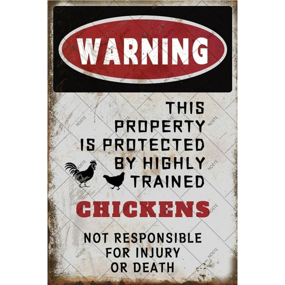 Noete Funny Chicken Tin Sign 12x16 Inch Humorous Warning Sign "This Property Is Protected By Highly Trained" Durable Metal Security Decoration for Yard, Home & Office