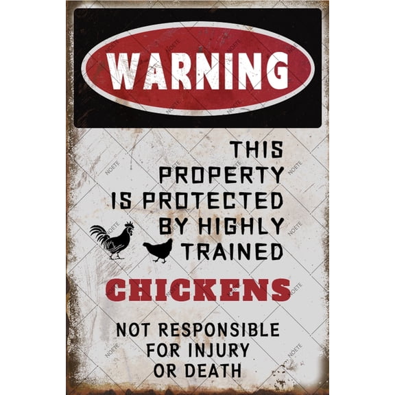 Noete Funny Chicken Tin Sign 8x12 Inch Humorous Warning Sign "This Property Is Protected By Highly Trained" Durable Metal Security Decoration for Yard, Home & Office