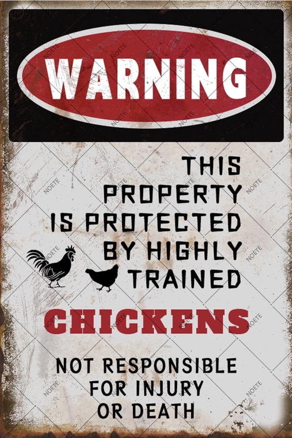 Funny Chicken Tin Sign 8x12 Inch Humorous Warning Sign "This Property Is Protected By Highly Trained" Durable Metal Security Decoration for Yard, Home & Office