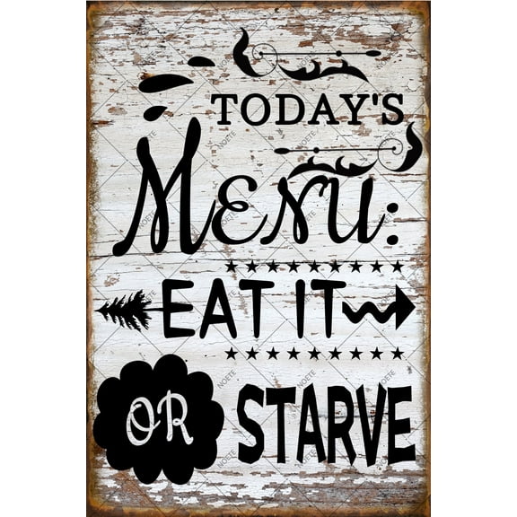 Noete Funny Eat Signs Kitchen Decor Metal Tin Sign 8x12 Inch Rustic Farmhouse Wall Art with Humorous Quote "Today's Menu: Eat It or Starve" for Home & Bar