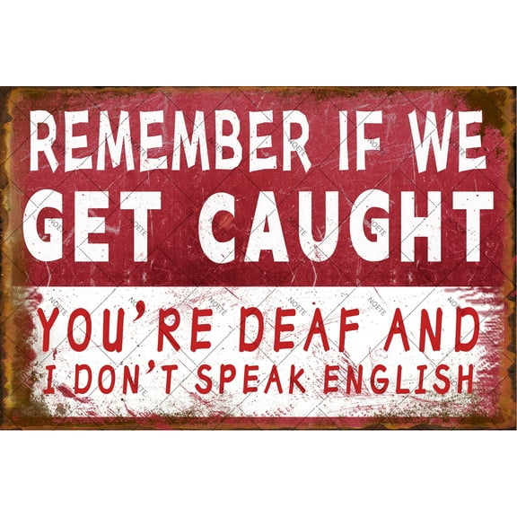 Noete Funny Garage Signs Vintage 12x16 Inch Metal Tin Sign for Man Cave, Home Bar & Wall Decor Humorous Gift Saying "Remember If We Get Caught You’re Deaf & I Don’t Speak English"