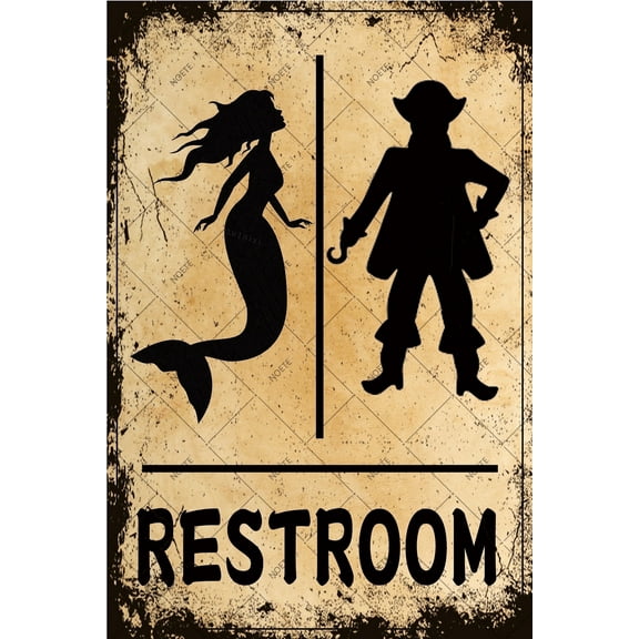 Noete Mermaid Bathroom Decor Sign Vintage 12x16 Inch Tin Metal Wall Art for Beach, Nautical & Pirate Themed Restroom, Funny Door Hanging Decor