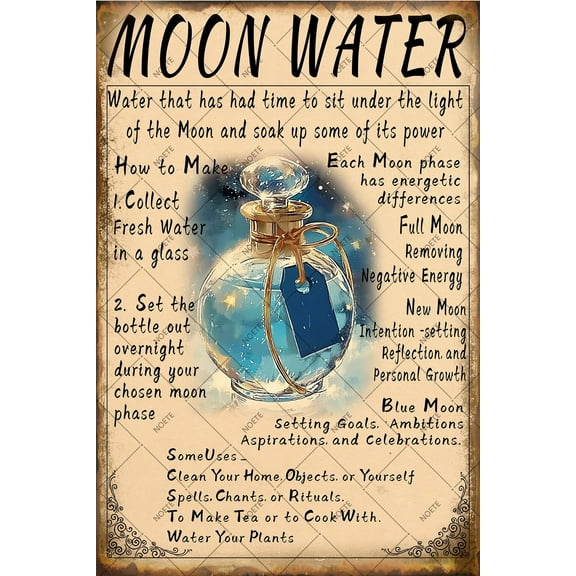 Noete Moon Water Metal Tin Signs 8x12 Inch, Vintage Celestial Wall Art Decor with Mystical Moon Phases & Witchcraft Design for Home, Office, Bar, Cafe