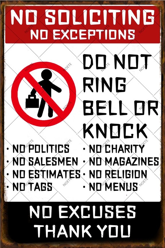 No Soliciting Metal Signs Funny Tin Sign for Door, Office, Yard 12x16 Inch Durable No Knock No Excuses Warning Decor