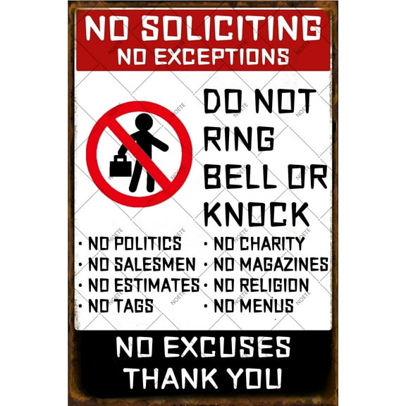 Noete No Soliciting Metal Signs Funny Tin Sign for Door, Office, Yard 8x12 Inch Durable No Knock No Excuses Warning Decor