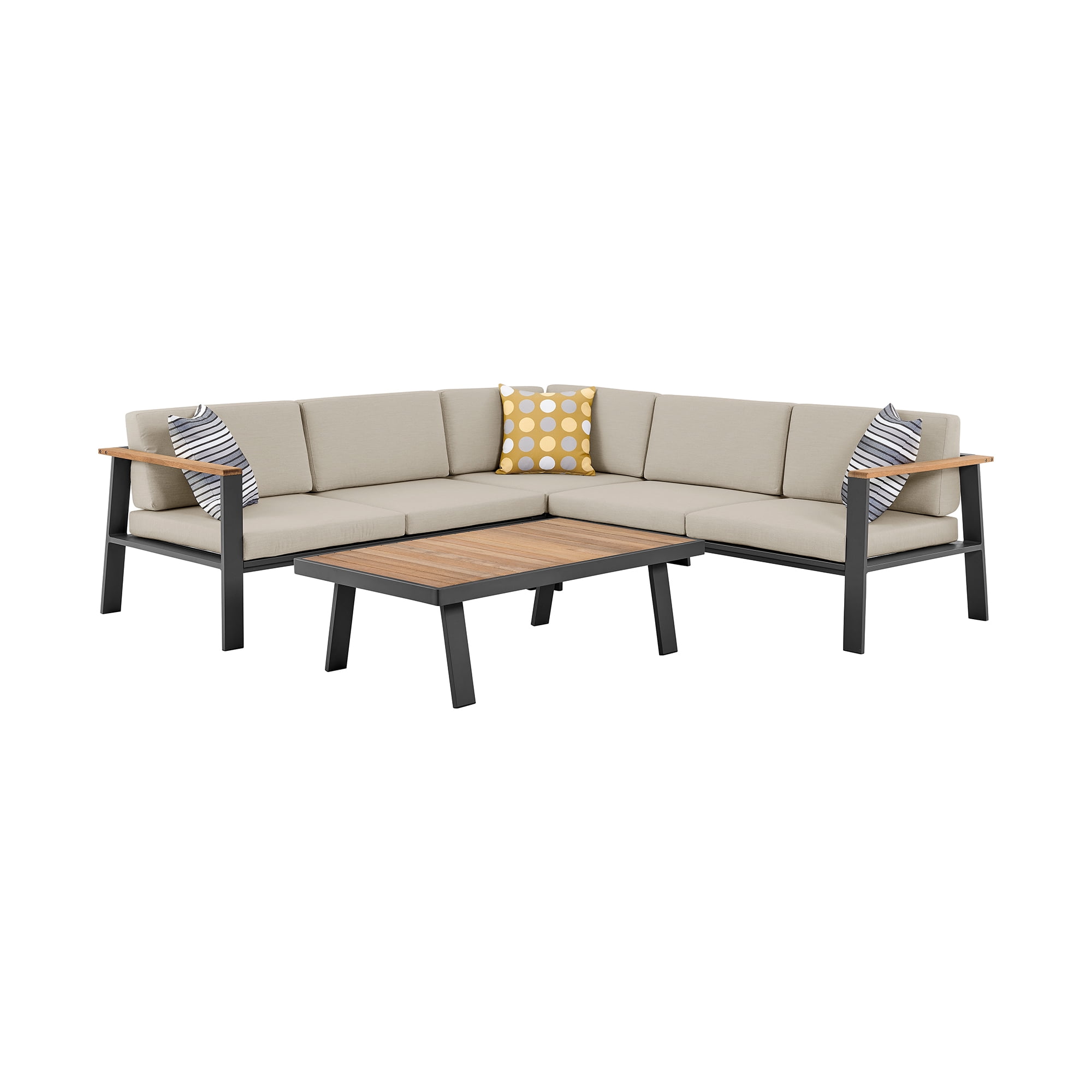 Charcoal and Taupe Aluminum Teak Wood Outdoor Sectional Sofa