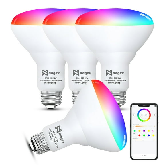 Noger Smart Light Bulbs 4 Pack, Bluetooth Smart Bulb with Music Sync, 1280 Lumens Dimmable BR30 LED Flood Light Bulbs, RGBCW Color Changing Light Bulbs, 12W (75W Equivalent), 16 Million Colors