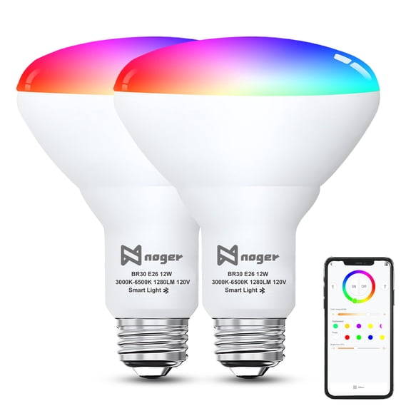 Noger Smart Light Bulbs, Bluetooth Smart Bulb with Music Sync, 1280 Lumens Dimmable BR30 LED Flood Light Bulbs, RGBCW Color Changing Light Bulbs, 12W (75W Equivalent), 16 Million Colors, 2 Pack