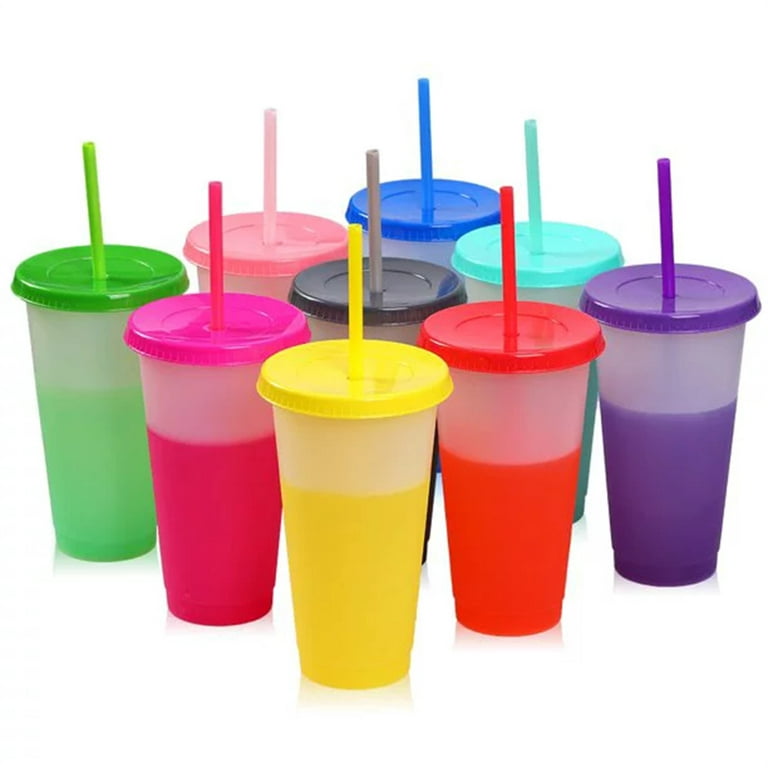 NOGIS 24oz Plastic Cups with Lids & Straws - 7 Pack Reusable Color Changing Cups  Kids Adults Drinking Cup