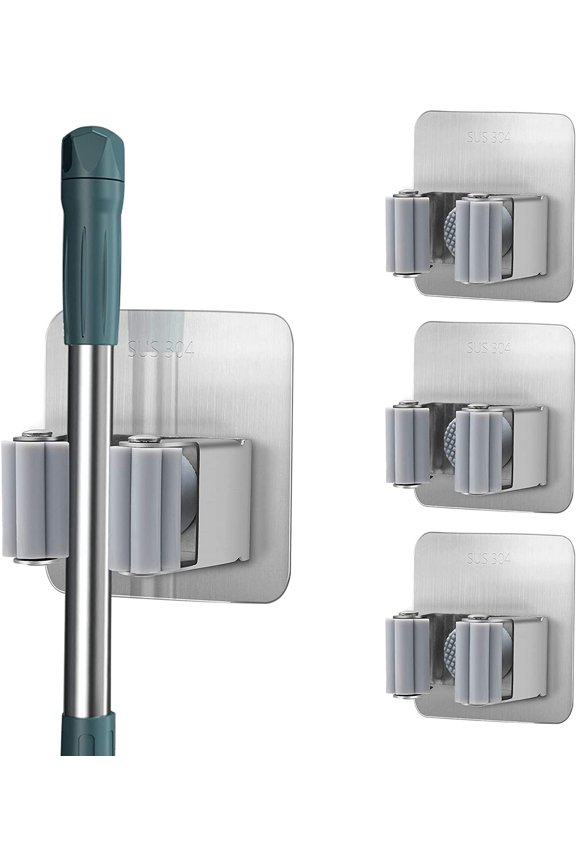 4pcs Self Adhesive Mop Holder ,Stainless Steel Wall Mounted Broom Organizer,For Kitchen, Garden,Garage,Bathroom, Office (Independent clip )
