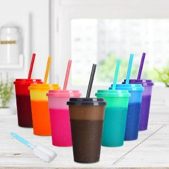 Nogis Color Changing Cups with Lids & Straws - 12 oz Reusable Cute Plastic Tumbler Bulk - 7 Pack Kids Small Funny Travel Straw Tumblers/ Adults Iced Cold Drinking Party Cup