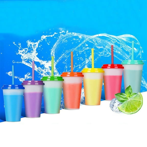 Nogis Cups with Lids and Straws- 7 Reusable Cups with Lids and Straws in Rainbow Colors, 12 oz Iced Coffee & Bulk Party Tumblers, Plastic Tumbler with Lid and Straw for Water & Smoothie