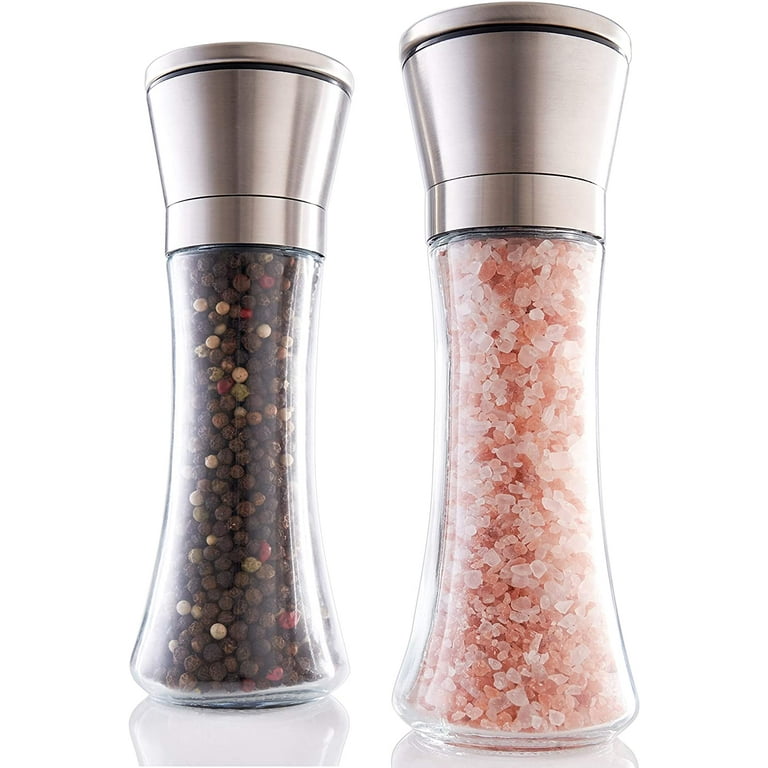 Salt and Pepper Grinder Set of 3 - Salt and Pepper Shakers, Adjustable  Ceramic Sea Salt Grinder & Pepper Grinder - Tall Glass Salt and Pepper  Shakers