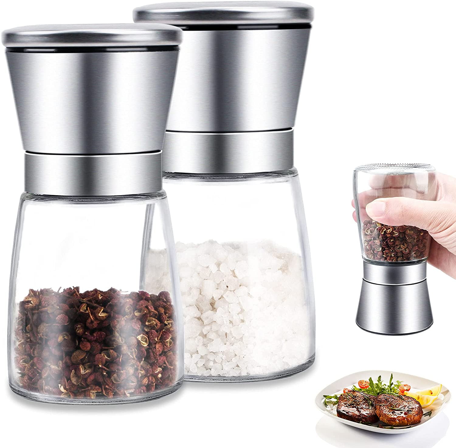 Salt And Pepper Grinder Set With Stand Stainless Steel&Glass