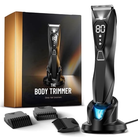 Nogroa Electric Body Hair Trimmer, Groin Trimmer for Men with LCD Display & LED Light, IPX7 Waterproof Ball Shaver Pubic Hair Groomer with Ceramic Blade, USB Recharge Dock, Cordless, 3 Combs
