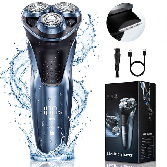Nogroa Electric Shavers for Men, IPX7 Waterproof Cordless Razor with Cleaning Brush, Portable Rechargeable Electric Rotary Beard Trimmer for Home Travel