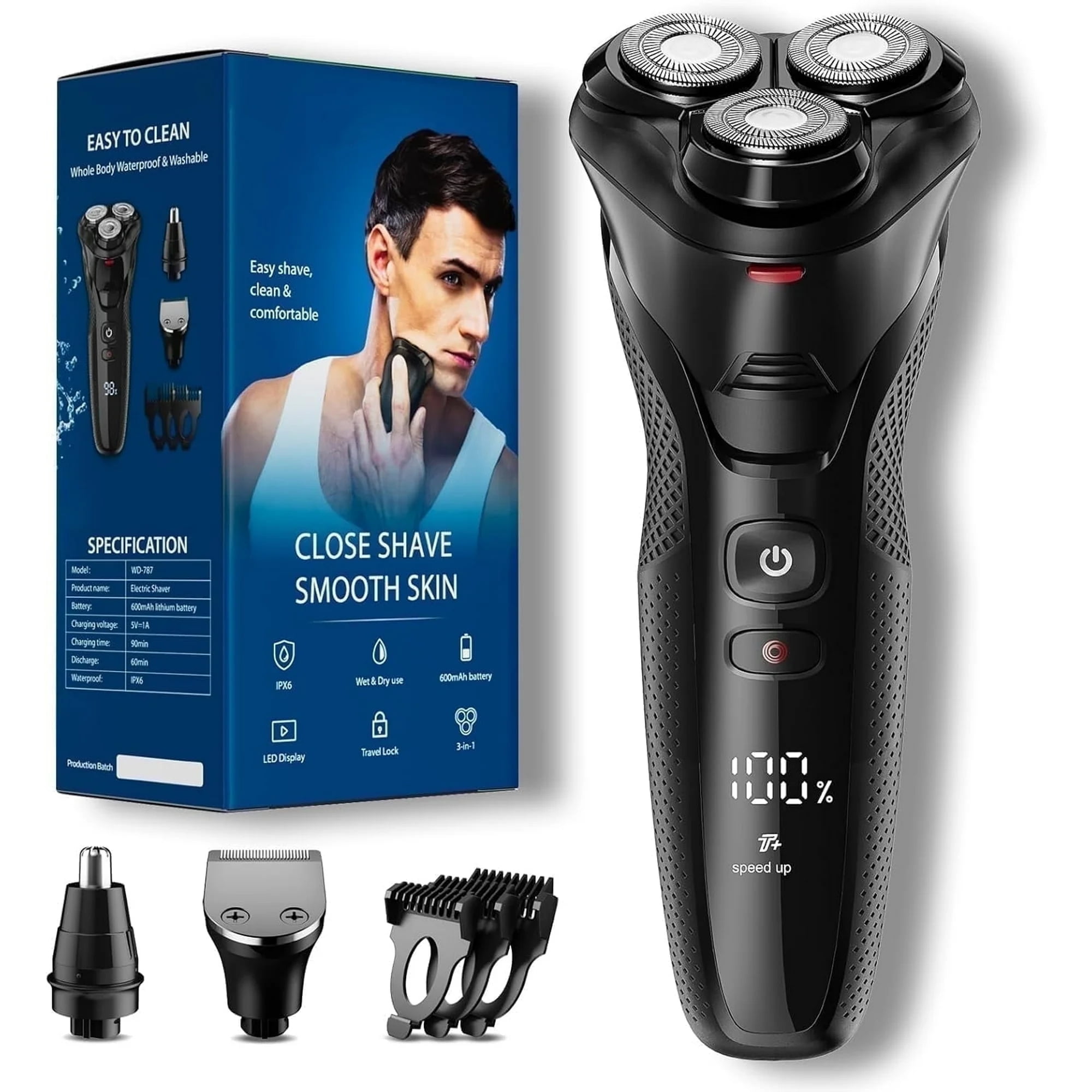 Nogroa Electric Shavers for Men, 3 in 1 Cordless Razor Waterproof Wet Dry Adjustable Speeds Beard Trimmer Grooming Kit with Nose Hair Trimmer, Sideburns Trimmer