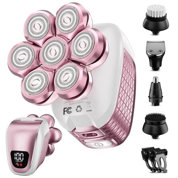 Skdwakiz Electric Razors for Women, 7D IPX6 Waterproof Cordless Body Electric Head Shaver, 5 in 1 Pink Bikini Trimmer Hair Epilator for Legs Body Face