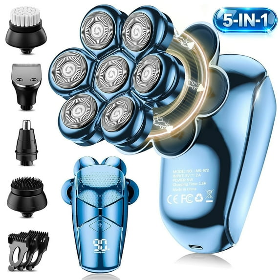 Nogroa Head Shavers for Bald Men, Magnetic Electric Razor, 7D Rotary Shaver 5 in 1 Grooming Kit, IPX7 Waterproof, Wet/Dry, LED Display, Rechargeable, Cordless, Bright Blue
