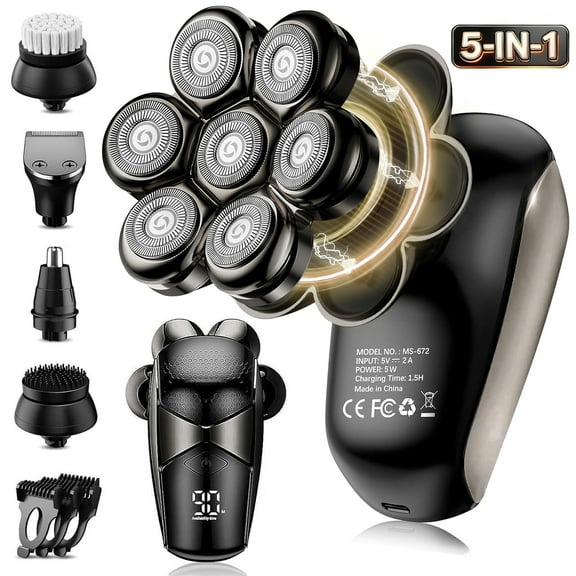 Nogroa Head Shavers for Bald Men, Magnetic Electric Razor, 7D Rotary Shaver 5 in 1 Grooming Kit, IPX7 Waterproof, Wet/Dry, LED Display, Rechargeable, Cordless, Dark Black