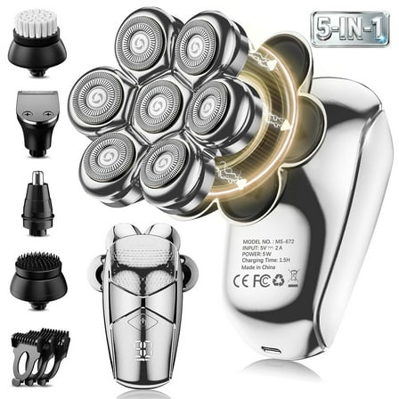 Nogroa Head Shavers for Bald Men, Magnetic Electric Razor, 7D Rotary Shaver 5 in 1 Grooming Kit, IPX7 Waterproof, Wet/Dry, LED Display, Rechargeable, Cordless, Silver