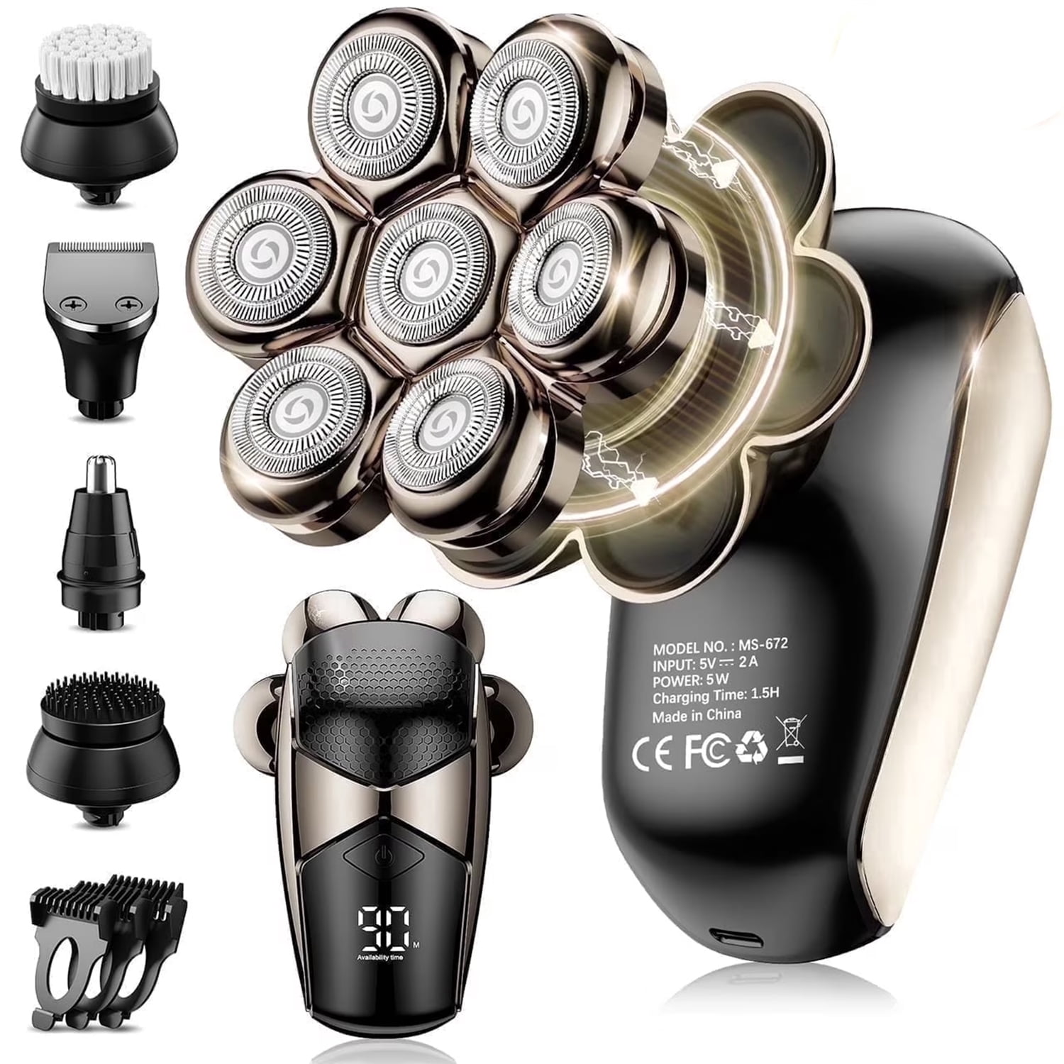 Nogroa Head Shavers for Bald Men, Magnetic Electric Razor, 7D Rotary Shaver 5 in 1 Grooming Kit, IPX7 Waterproof, Wet/Dry, LED Display, Rechargeable, Cordless
