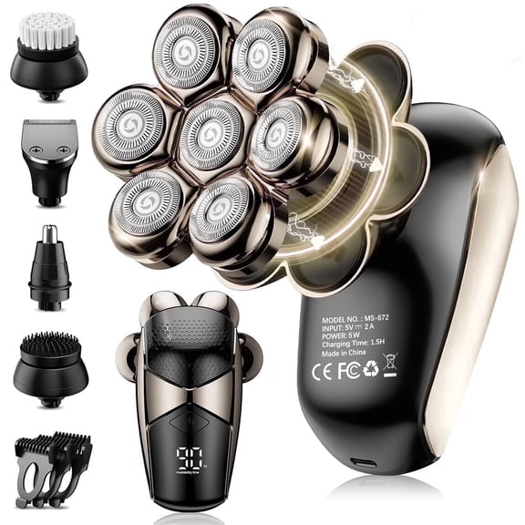 Nogroa Head Shavers for Bald Men, Magnetic Electric Razor, 7D Rotary Shaver 5 in 1 Grooming Kit, IPX7 Waterproof, Wet/Dry, LED Display, Rechargeable, Cordless