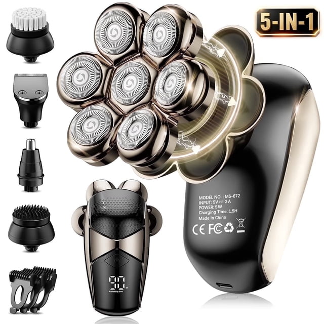 Nogroa Head Shavers for Bald Men, Magnetic Electric Razor, 7D Rotary Shaver 5 in 1 Grooming Kit, IPX7 Waterproof, Wet/Dry, LED Display, Rechargeable, Cordless