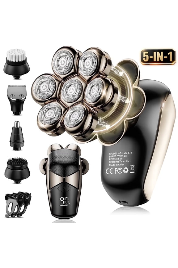 Head Shavers for Bald Men, Magnetic Electric Razor, 7D Rotary Shaver 5 in 1 Grooming Kit, IPX7 Waterproof, Wet/Dry, LED Display, Rechargeable, Cordless