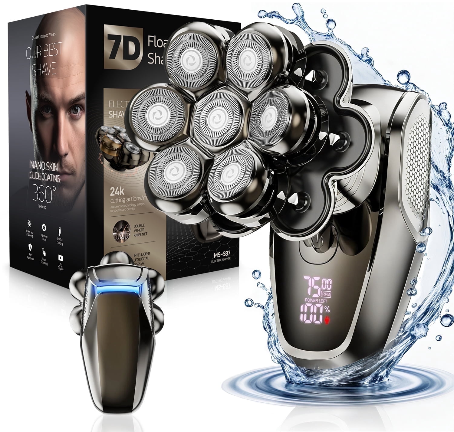 Nogroa Head Shavers for Bald Men, Magnetic Electric Razor, 7D Rotary Shaver, IPX7 Waterproof, Wet/Dry, LED Display, Cordless, Type-C Charge