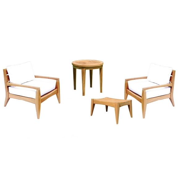 Noida 4 Pc Lounge Chair Set: 2 Lounge Chairs, Ottoman & Round Side Table With Cushions in Sunbrela Fabric #57003 Canvas White