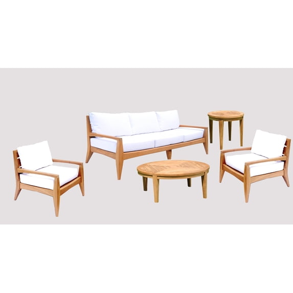 Noida 5 Pc Sofa Set: Sofa, 2 Lounge Chairs, 42" Round Coffee Table & Round Side Table With Cushions in Sunbrela Fabric #57003 Canvas White